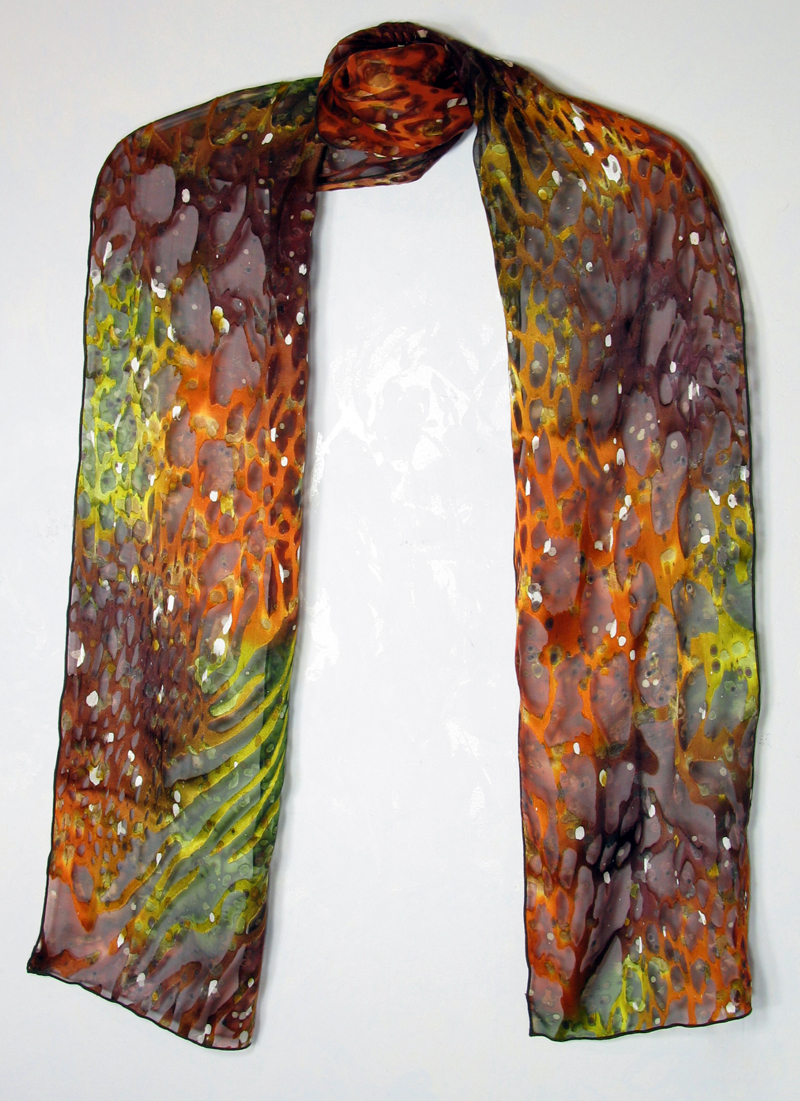 Hand-painted silk/rayon scarf - rust, poison green
